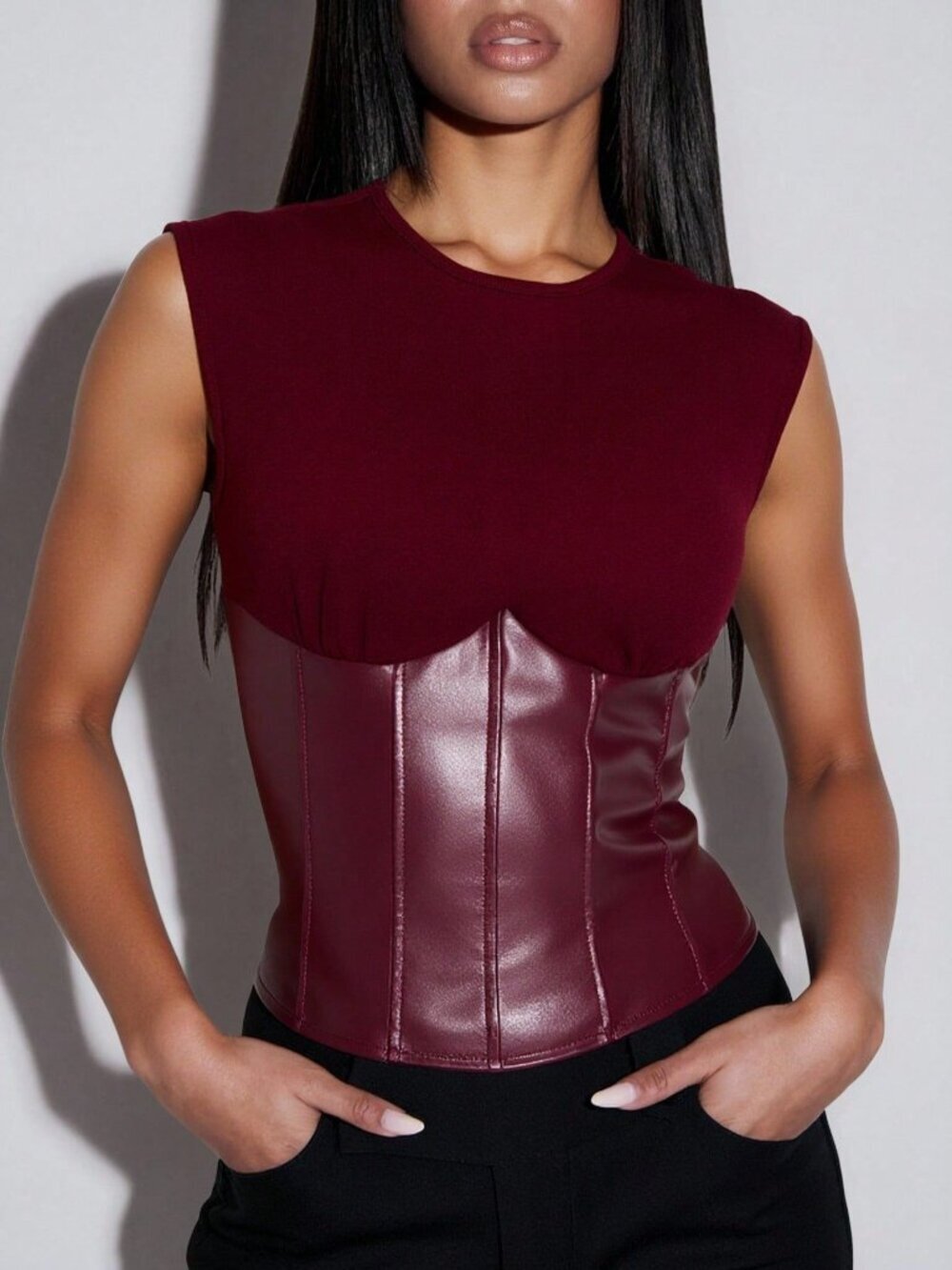 Burgundy Casual Women's Faux Leather Sleeveless Corset Top with Waist Belt